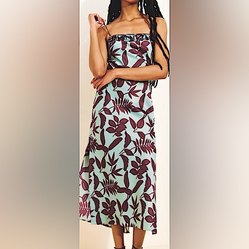 Anthropologie Light Teal & Deep Wine Print Midi Dress/Spaghetti Strap/P Small - Picture 3 of 8